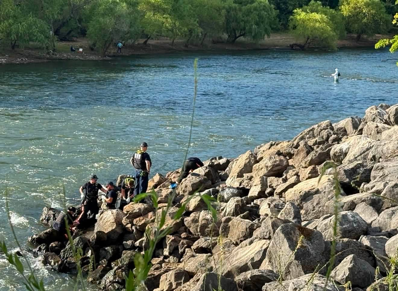 Lewisville fisherman rescued after falling down steep, rocky embankment